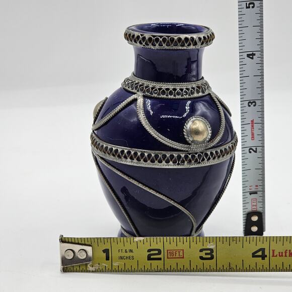 Moroccan Vase Blue Silver Filigree Boho Romantic Art Decor Vintage Style 4.75H - Picture 6 of 6